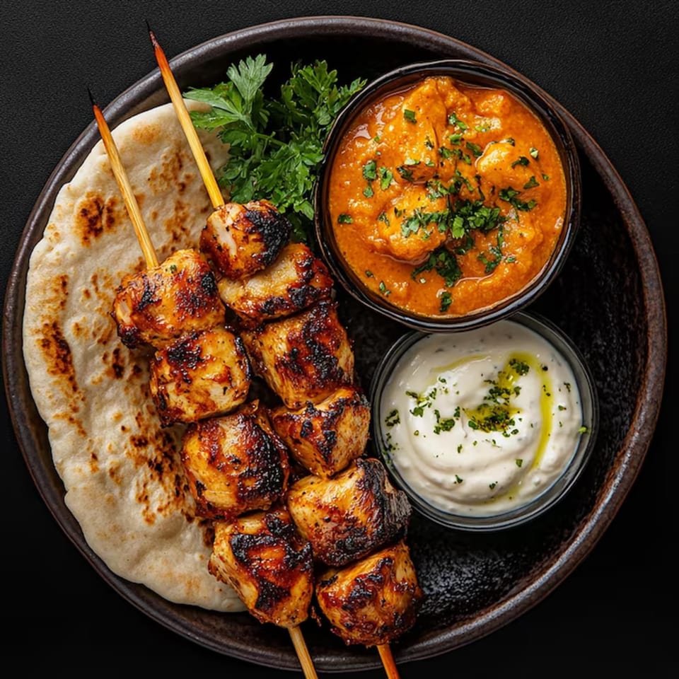 Grilled chicken skewers, flatbread, red curry, and tzatziki sauce with parsley on a dark plate.